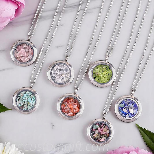 Natural Crystal Pendant Necklace – Essential Oil Diffuser Necklace – Healing Gemstone Locket