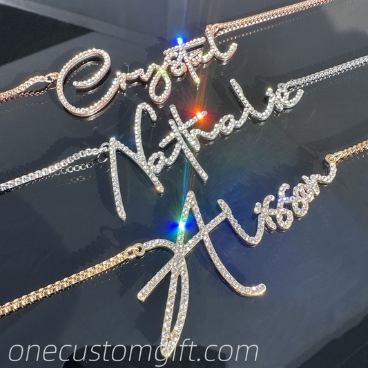 Bling Diamond Nameplate Necklace, Custom Script Name Necklace,Bling Name Necklace,Personalized Women Necklace,Iced Out Jewelry, Gift for Mom