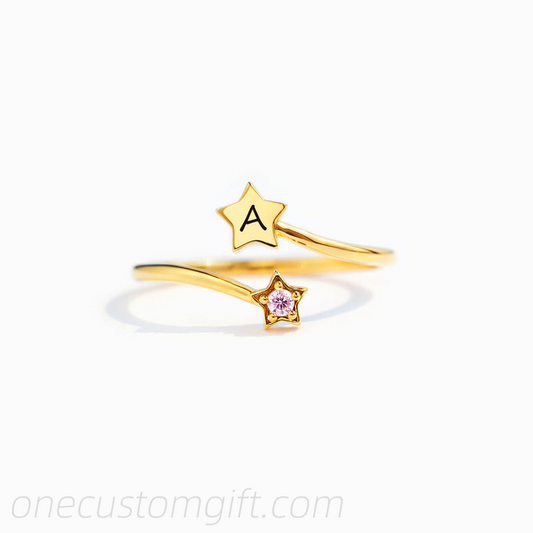 Shining Star Initial&Birthstone Star Ring