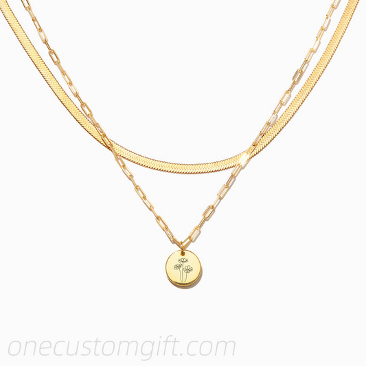 Engraved Birth Month Flower Necklace Set