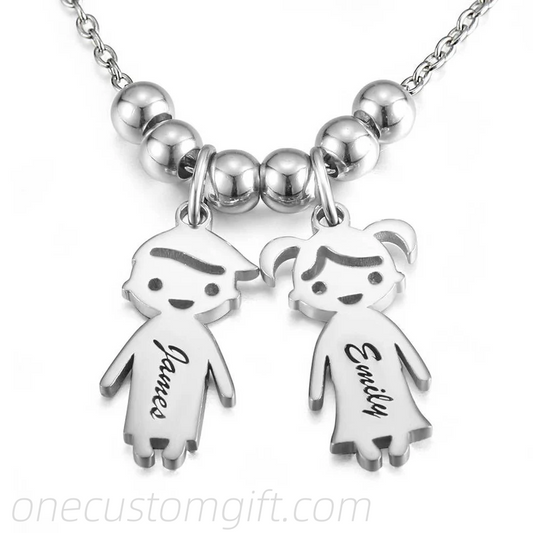 Kids Name Necklace with Engraving, Children Charms Necklace Smile Face Mom Jewelry Platinum Plated - Silver