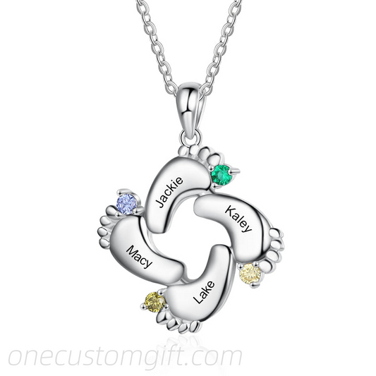 Personalised Baby Foot Necklace With 4 Birthstones Engraved Names Gift For Mother