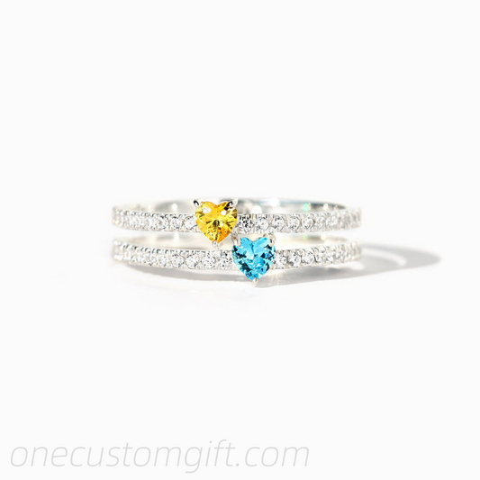 Two Heart-Shape Birthstone Double Band Ring