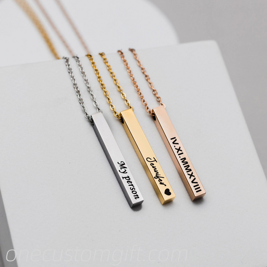 Custom engraved 4sides vertical bar necklace