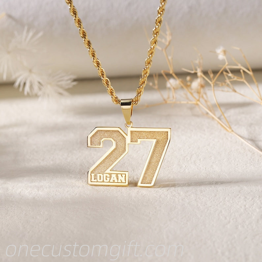 Custom Frosted Sport Number Necklace with Name|Year Necklace|Personalized Lucky Pendant|Baseball and Sports Team Number