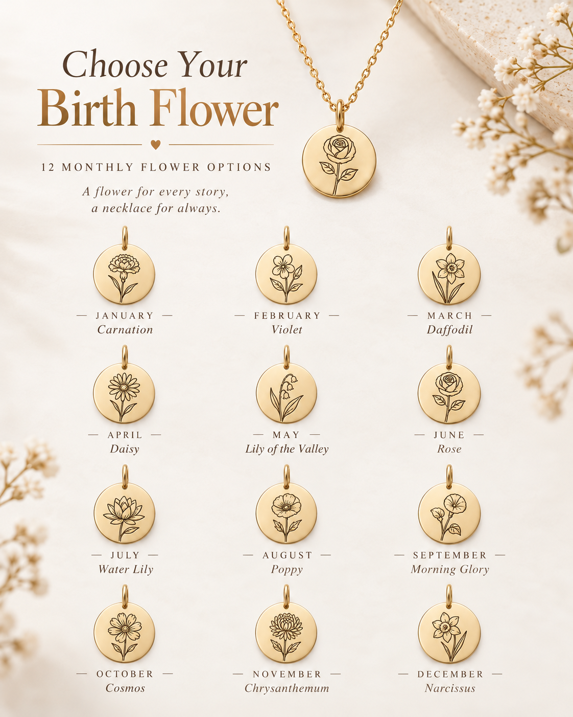 Birth Flower Necklace – Personalized Name Engraving