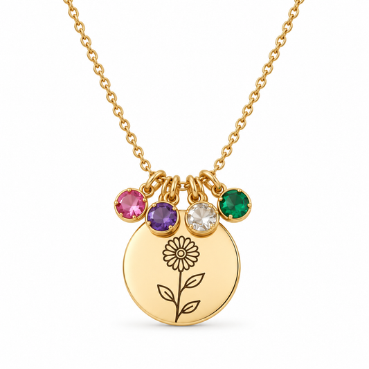 Birth Flower Family Disc Necklace – Personalized Floral Pendant with Birthstones