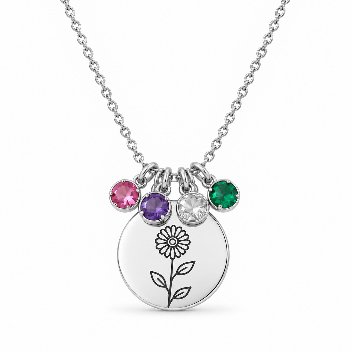 Birth Flower Family Disc Necklace – Personalized Floral Pendant with Birthstones