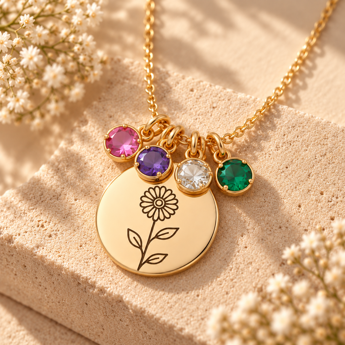 Birth Flower Family Disc Necklace – Personalized Floral Pendant with Birthstones