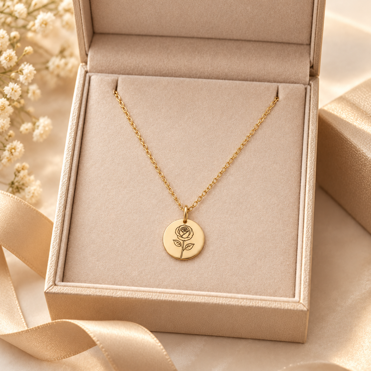 Birth Flower Necklace – Personalized Name Engraving
