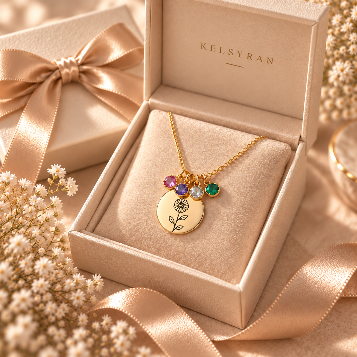 Birth Flower Family Disc Necklace – Personalized Floral Pendant with Birthstones