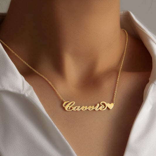 14K Gold Carrie Style Custom Name Necklace with Little Heart Unique Gift For Her