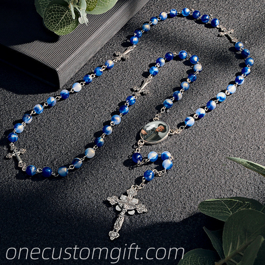 Sentimental Memorial Gifts for Catholics Custom Rosary Beads Cross Necklace Personalized Blue Acrylic Beads Necklace with Photo