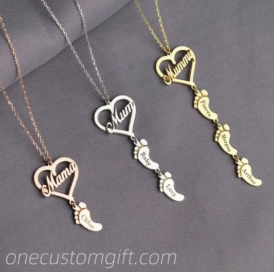 Custom Baby Names Foot Necklace Gold Color Stainless Steel Mom Heart Pendant Children Nameplate Necklace Mother Grandma Gifts